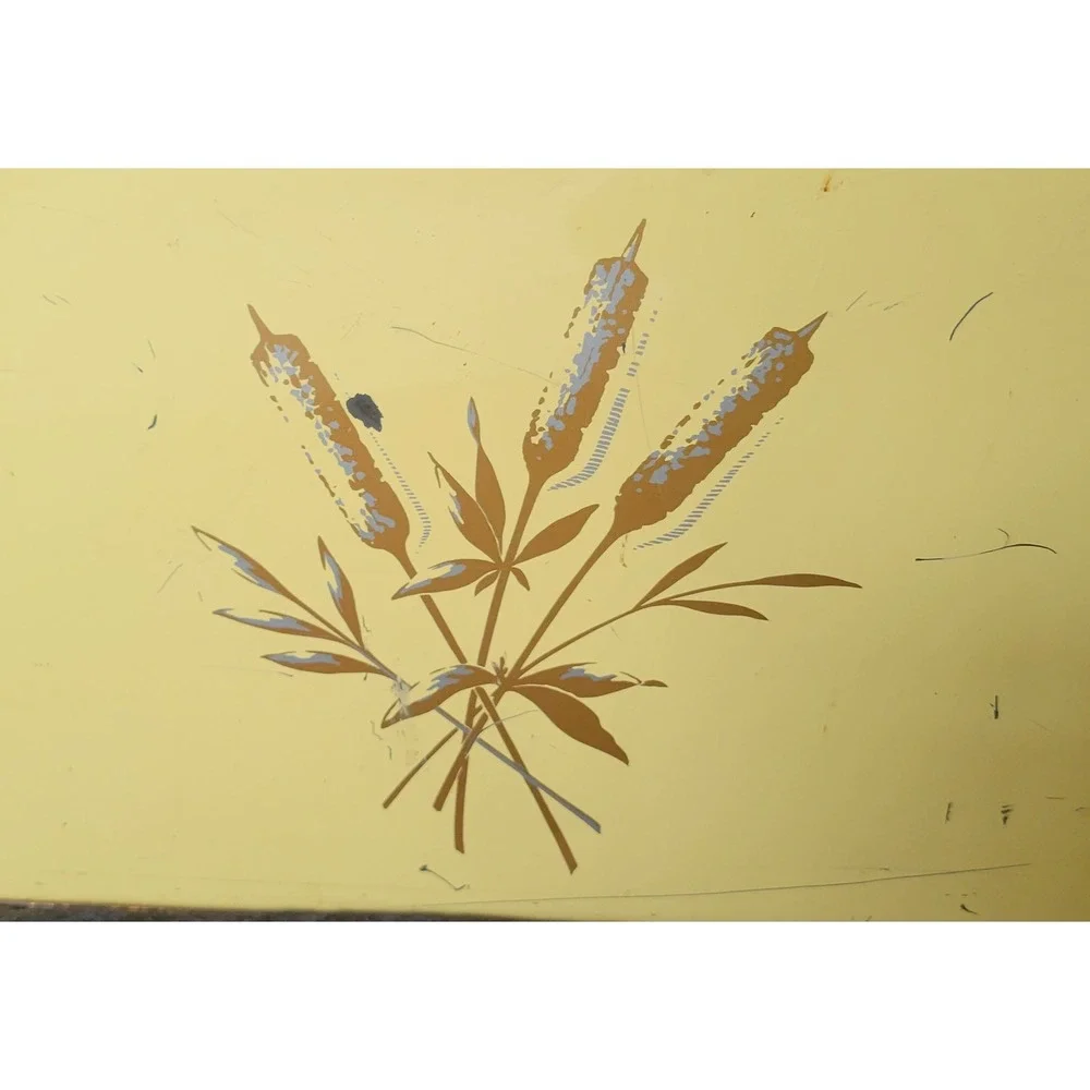 Vtg 1940s Yellow Metal Bread Box Copper Lid Decoware Cattail Tin Mid Century MCM
